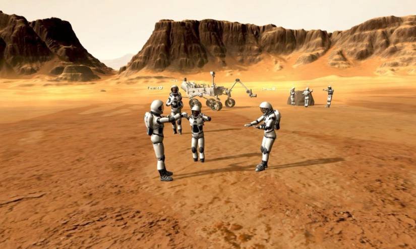 Un profesor imparte su clase a unos alumnos en una superficie de Marte.