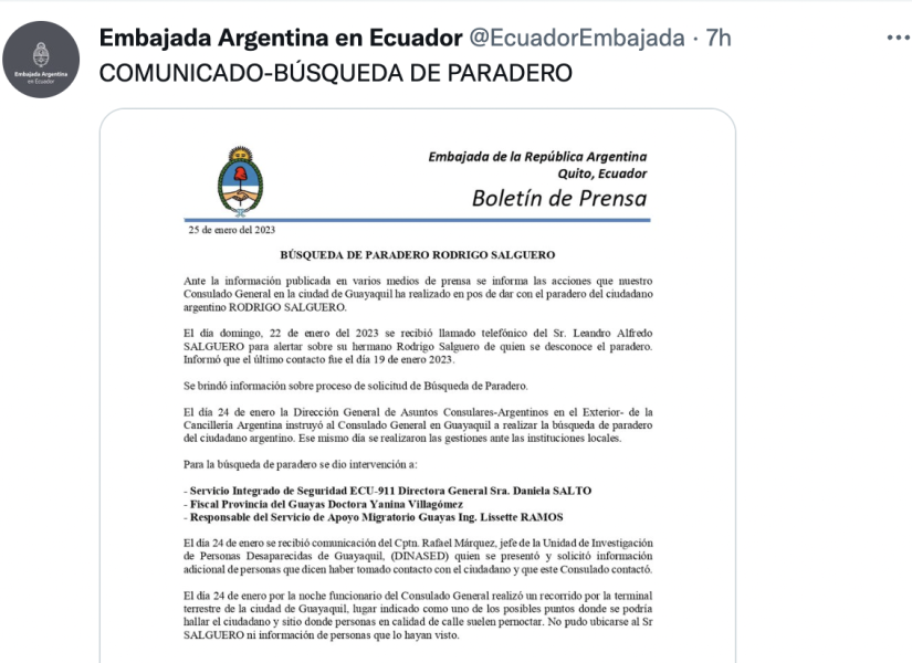 La Embajada de Argentina en Ecuador emitió un comunicado sobre la búsqueda del joven.