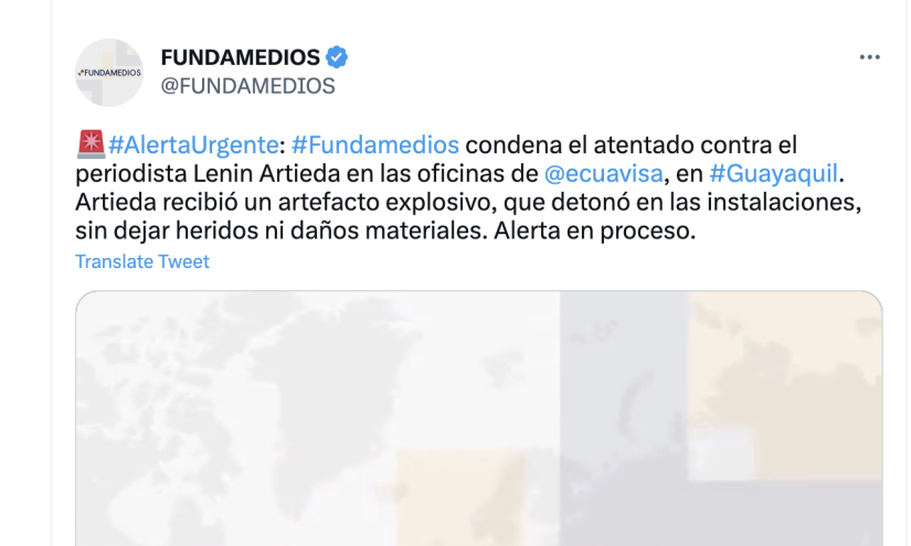 Fundamedios publicó un mensaje condenando el atentado contra nuestro compañero Lenin Artieda.