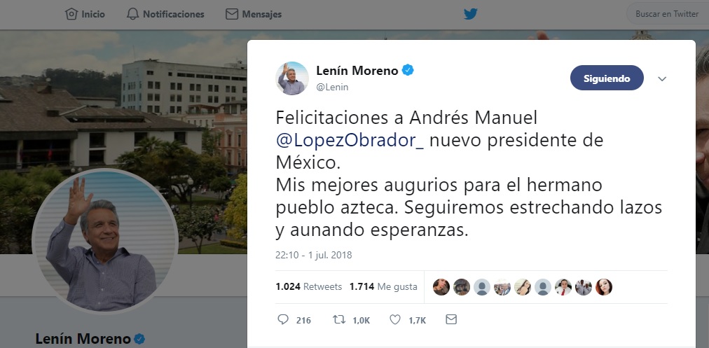 Lenín Moreno felicita al nuevo presidente de México