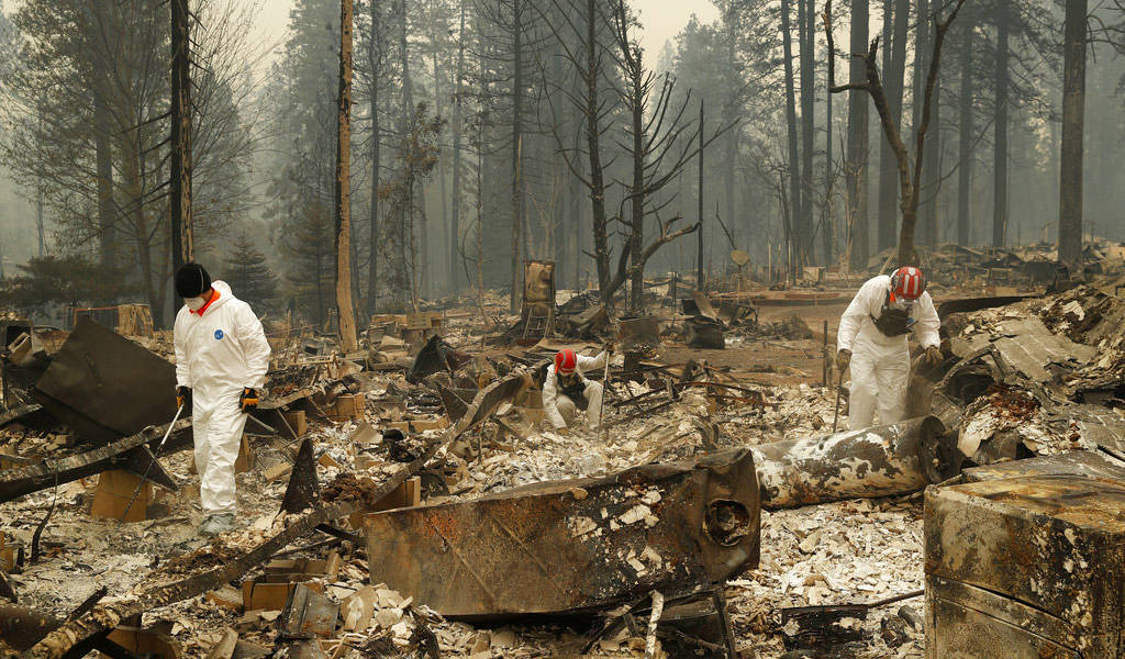 Buscan cuerpos en tierra arrasada por incendios en California