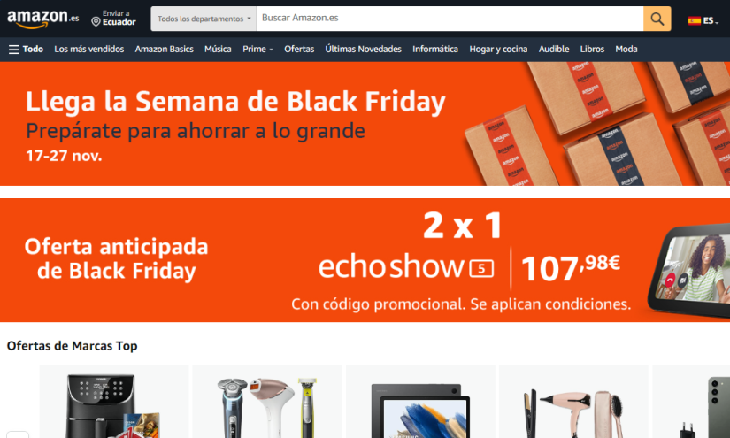 Pestaña principal de Amazon con anuncios del Black Friday