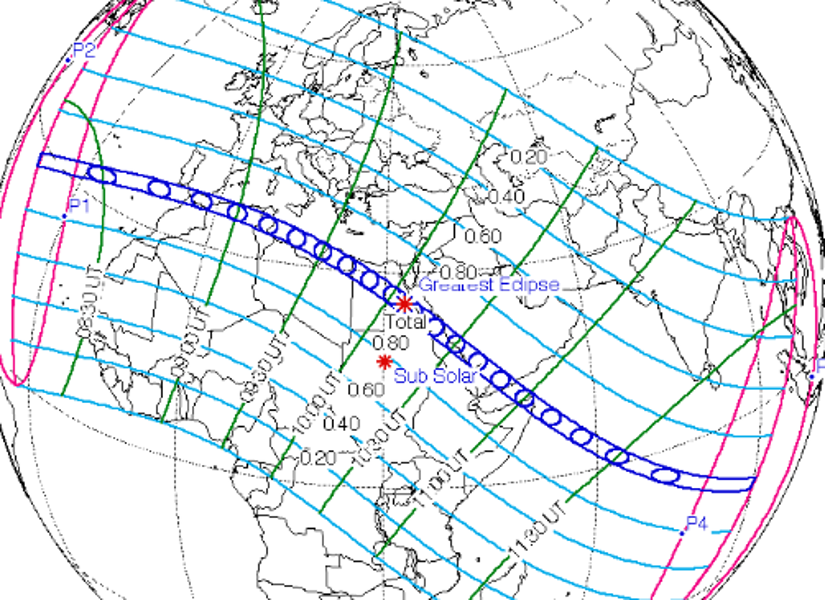 Proyecciones de la NASA de la trayectoria de la luna durante el eclipse. Egipto es la zona más privilegiada dentro de la trayectoria.
