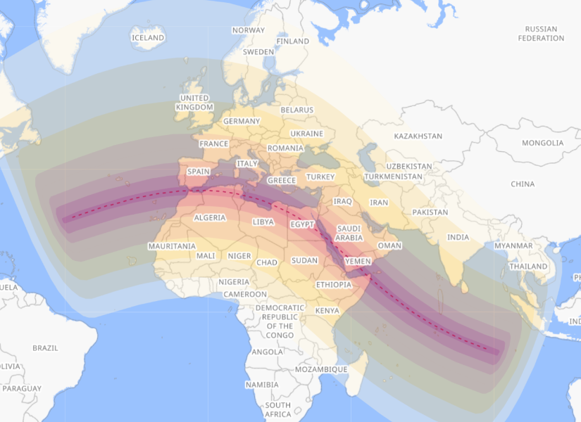 Trayectoria de totalidad y anularidad del eclipse: América Latina queda fuera del rango del fenómeno astronómico.