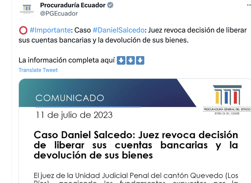 La Procuraduría General del Estado emitió un comunicado sobre el Caso Daniel Salcedo.