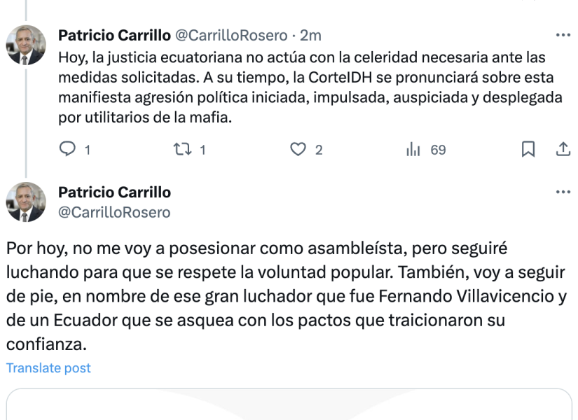 Patricio Carrillo Rosero, asambleísta electo, se pronunció en Twitter.