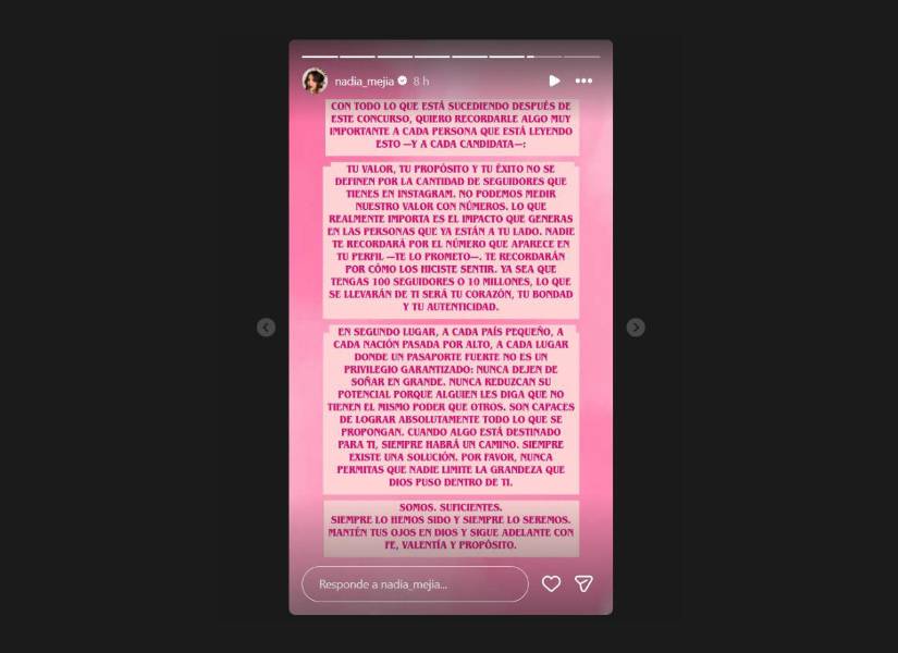Historia de Nadia Mejía con su mensaje a las candidatas a Miss Universo.