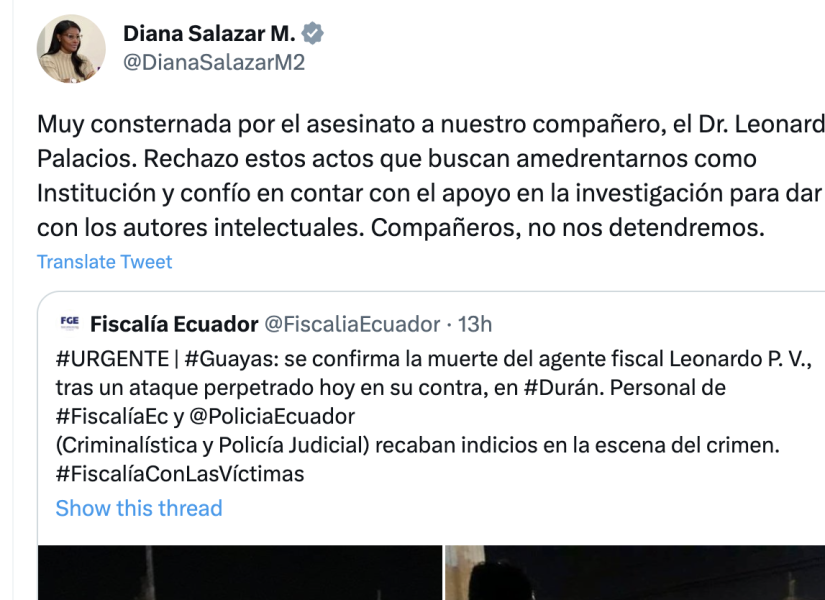 La fiscal Diana Salazar escribió un mensaje en Twitter sobre el asesinato de su compañero.