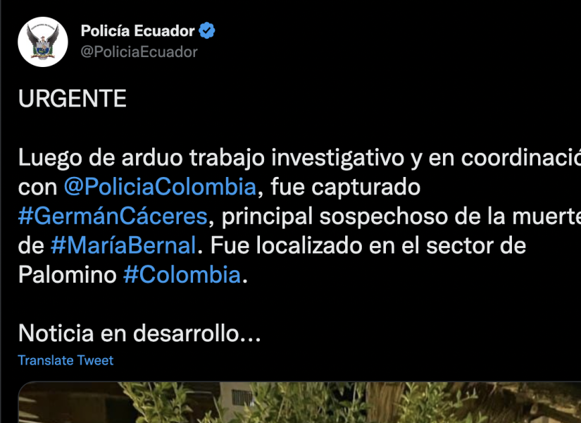 La Policía de Colombia y Ecuador trabajó en conjunto para lograr la captura de Cáceres.