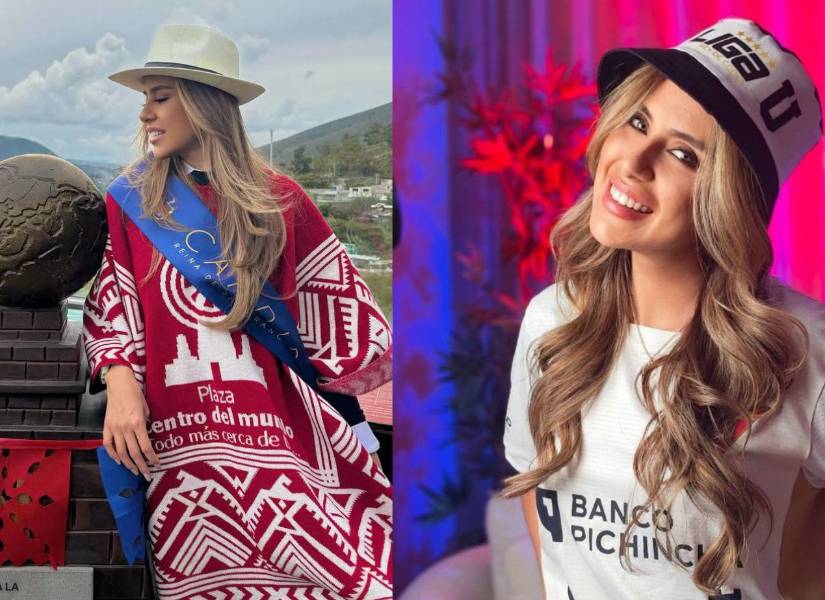 María Emilia en la Mitad del Mundo, y luciendo los colores de la Liga de Quito.