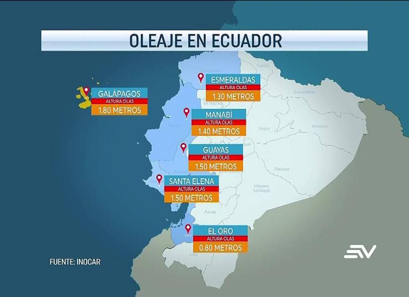 Mapa del oleaje en las Islas Galápagos y en el Ecuador continental durante el 11 y 12 de enero.