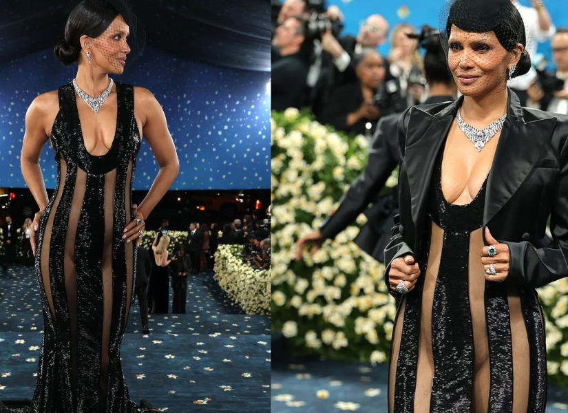 Halle Berry luciendo su vestido semitransparente en la Met Gala.