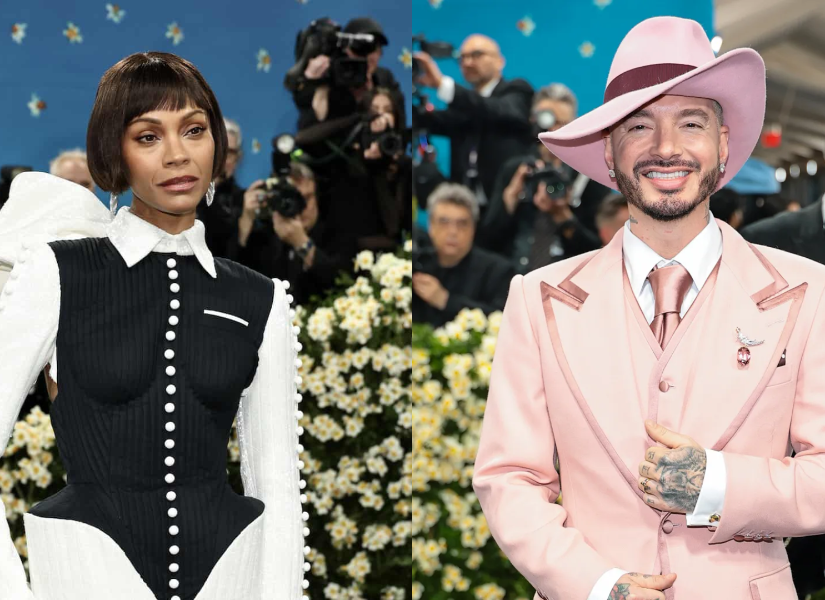 Zoe Saldaña y J Balvin en la Met Gala.