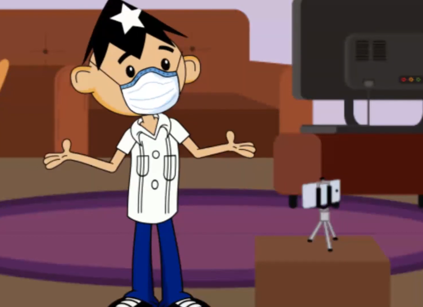 Imagen de Juan Pueblo animado con una mascarilla, en un video de concientización por el COVID-19.