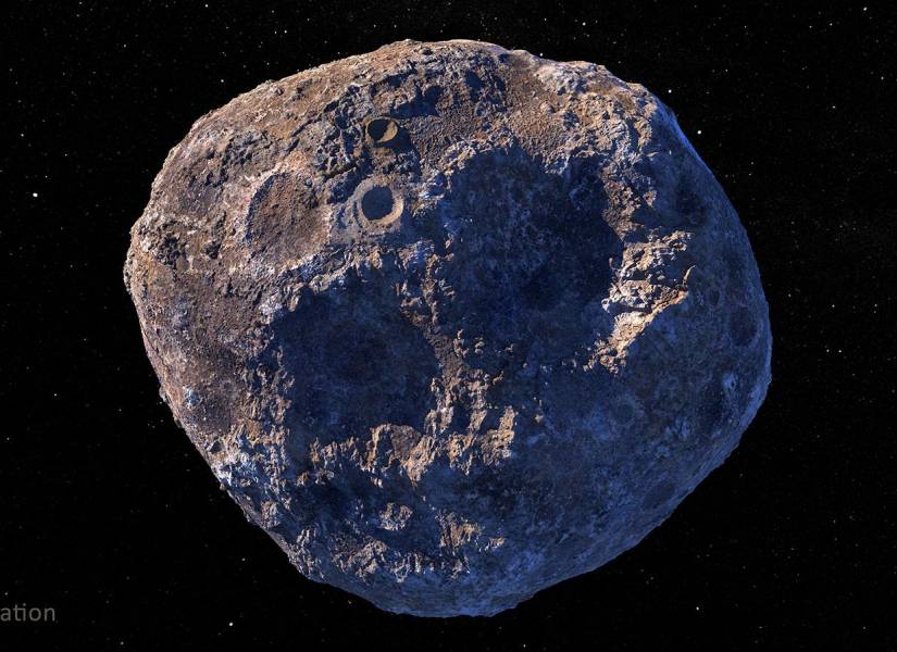 Imagen cedida por la NASA de una ilustración artística del asteroide Psyche rico en metales localizado en el cinturón de asteroides principal entre Marte y Júpiter