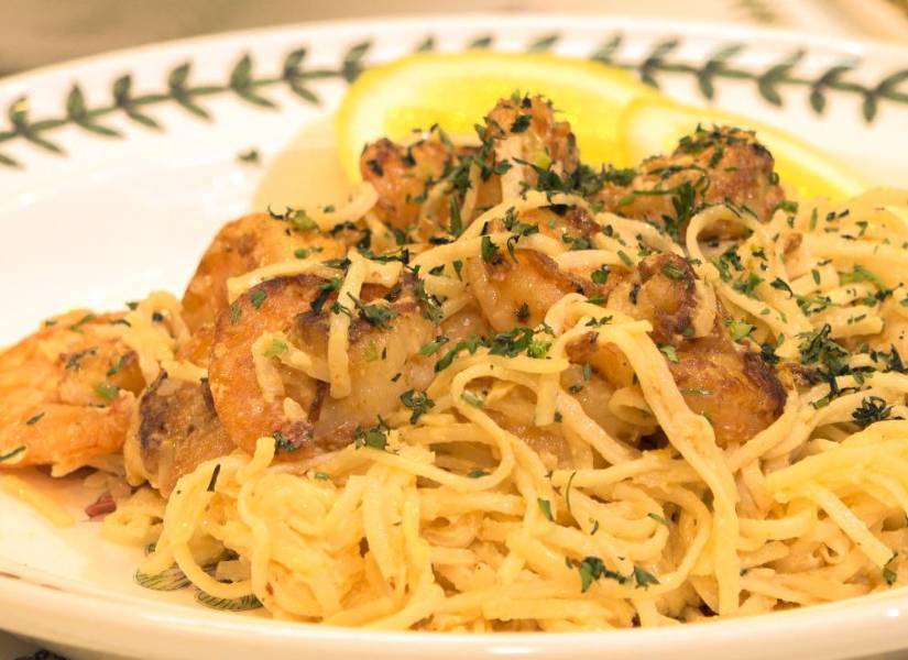 Pasta con camarones.