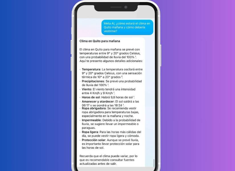 Imagen referencial de consulta de clima y vestimenta en Meta AI.