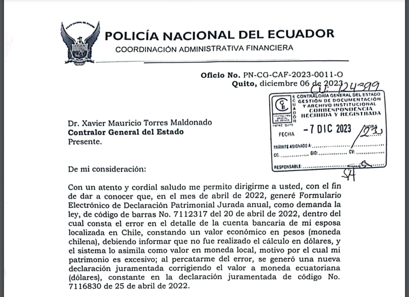 Oficio enviado por el general Jorge Cevallos al contralor general del Estado.