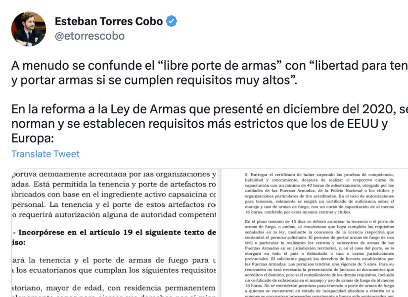 El asambleísta Esteban Torres presentó un proyecto para permitir el porte de armas en Ecuador.