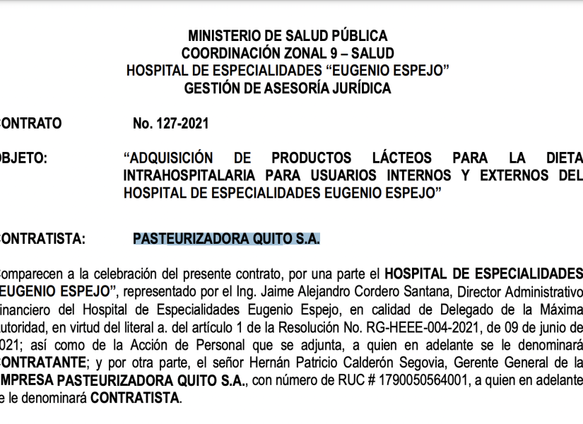 Captura de pantalla del contrato entre la empresa y el Hospital Eugenio Espejo.