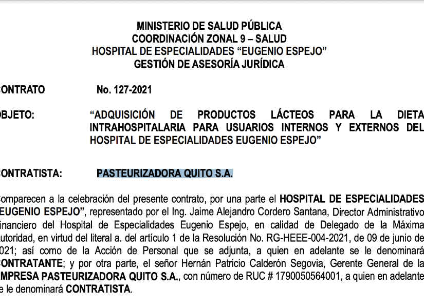 Captura de pantalla del contrato entre la empresa y el Hospital Eugenio Espejo.
