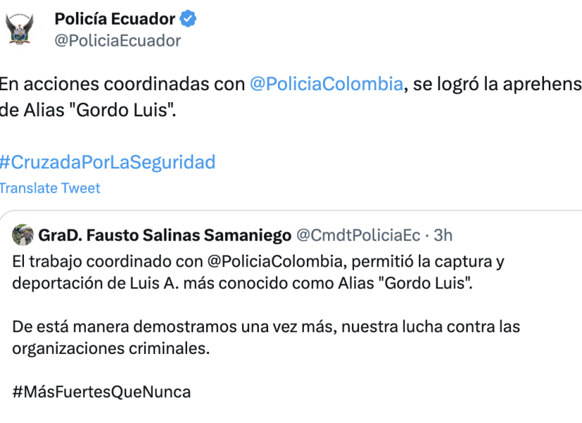 El comandante Fausto Salinas se pronunció sobre la captura del cabecilla.