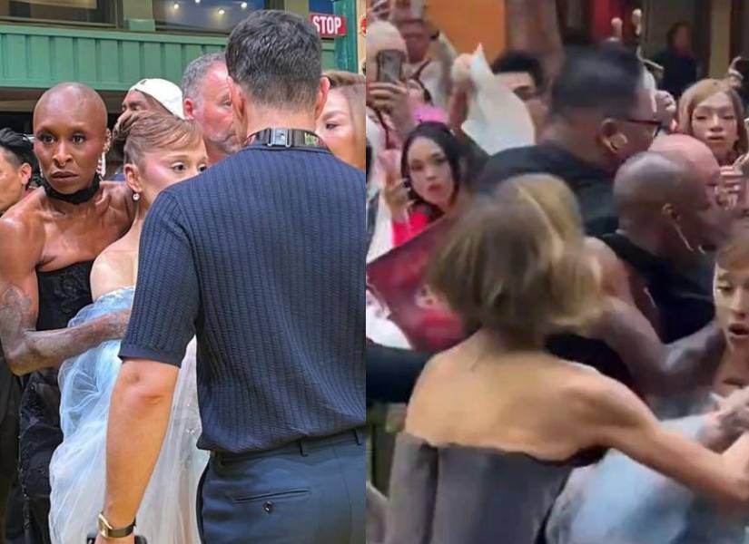 Momento en que Cynthia Erivo aparta al acosador de Ariana Grande.