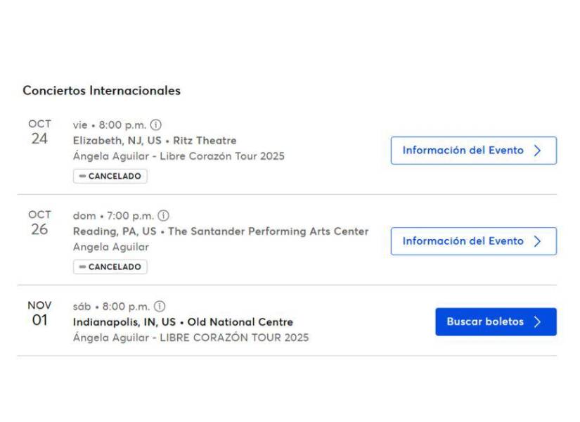 Algunas de las fechas canceladas en el sitio web de Ticketmaster.