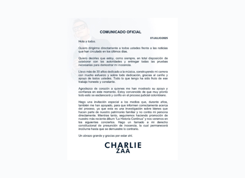 Comunicado de Charlie Zaa sobre la legalidad de sus bienes.