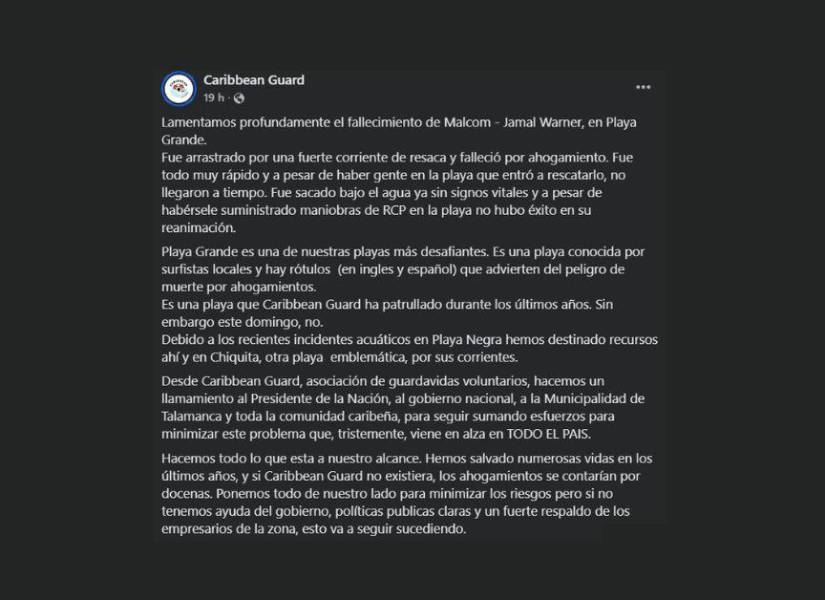 Comunicado de la Caribbean Guard en Facebook.