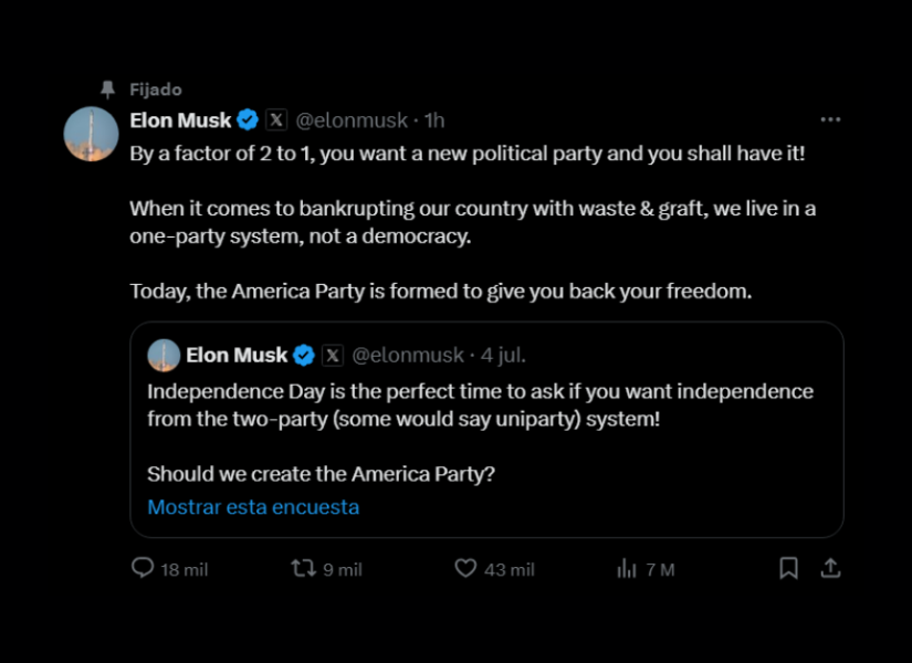 Tweet de Musk en el que aboga por la creación de un nuevo partido político.