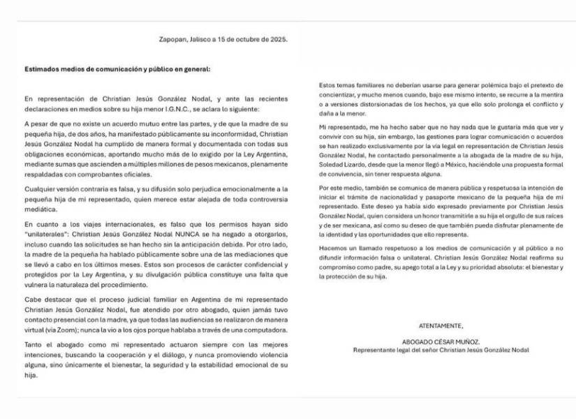 Comunicado del equipo legal de Christian Nodal.