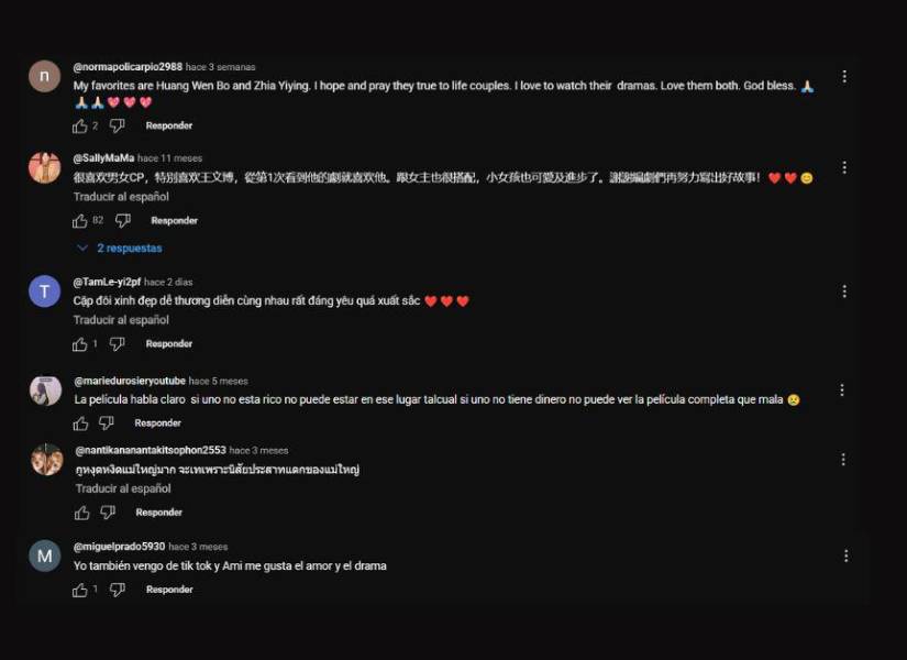 Caja de comentarios del video La Traición del Amor en YouTube. Destaca la diversidad de idiomas utilizados por los usuarios, reflejo de su alcance internacional.