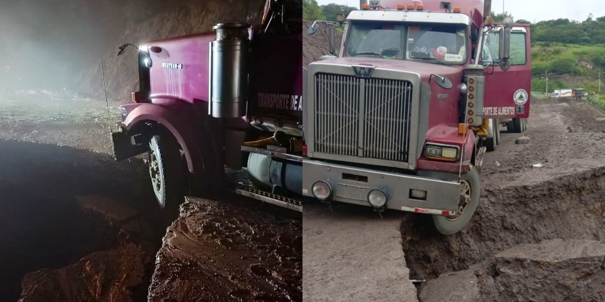 Un tráiler y un camión quedaron atrapados en un socavón en la vía Cuenca-Girón-Pasaje