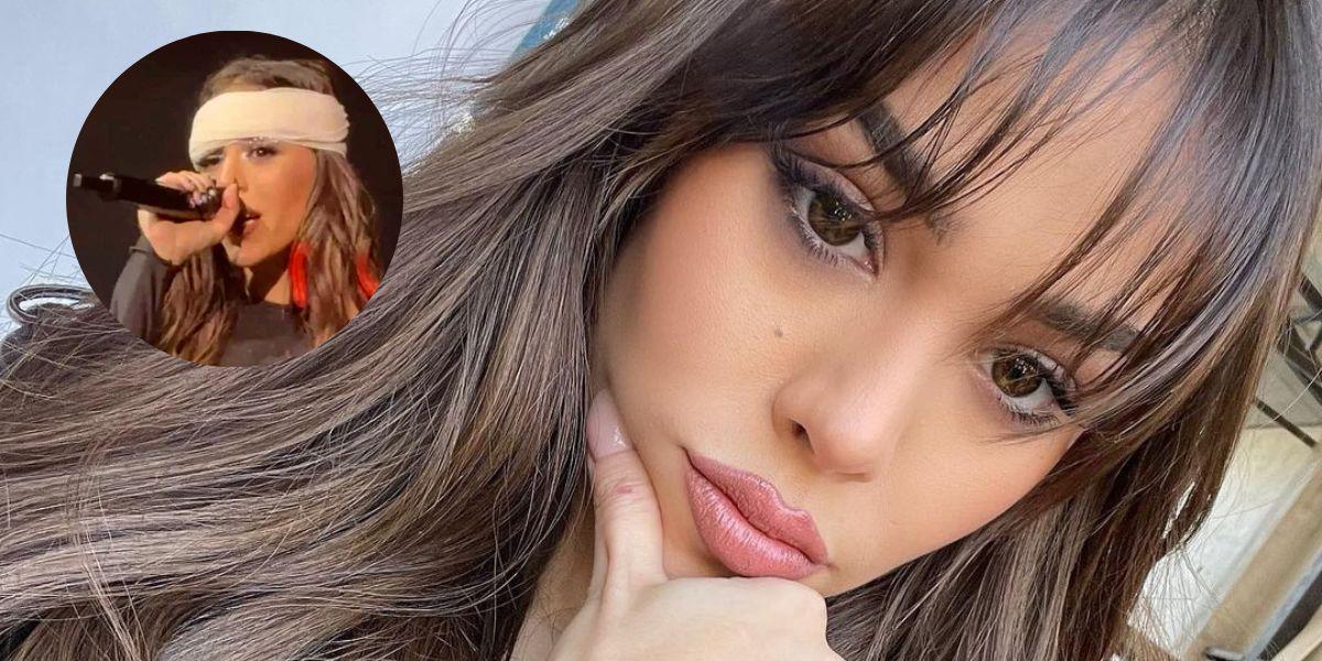 Danna Paola sangra al partir su ceja en pleno concierto y canta con su cabeza vendada