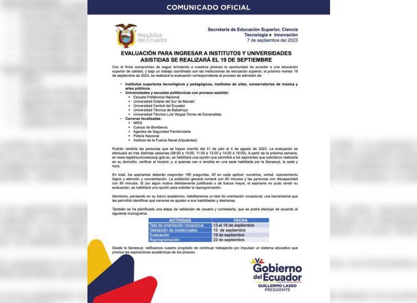 Comunicado de la Senescyt anunciando nueva fecha para rendir examen de ingreso a universidades públicas.