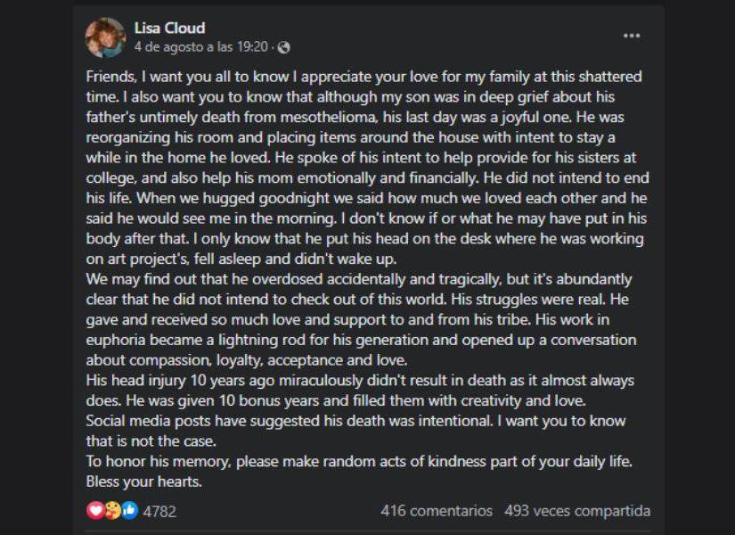 Captura de pantalla del comunicado que escribió Lisa Cloud, madre del reconocido actor de Euphoria Angus Cloud, en el que desmitió rumores de suicidio en una imagen de archivo.