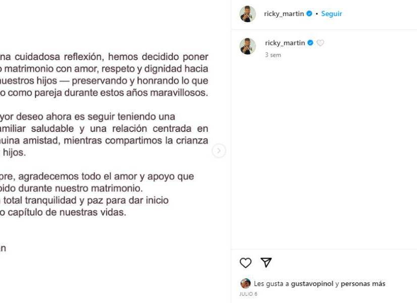 Captura de pantalla del mensaje publicado por Ricky Martin junto a Jwan Yosef, en el que hicieron pública su decisión de separarse.