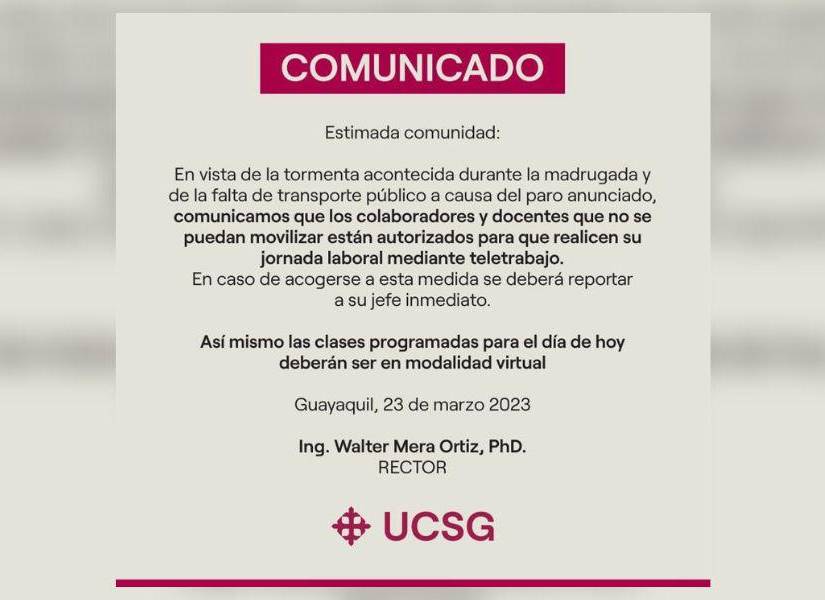 Comunicado de la universidad 'Católica Santiago de Guayaquil'.