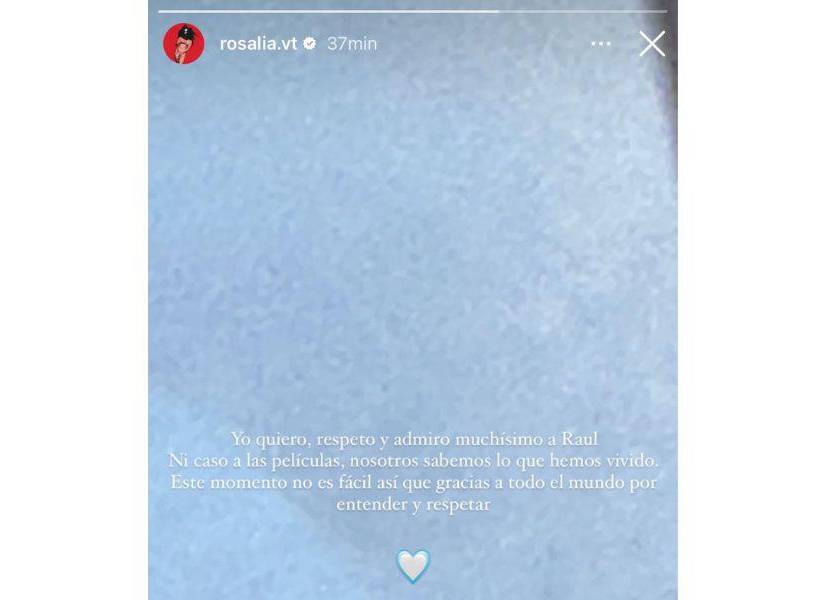 Captura de pantalla de la storie publicada por la cantautora Rosalía, quien estaba en planes de boda con el reggaetonero, Rauw Alejandro.
