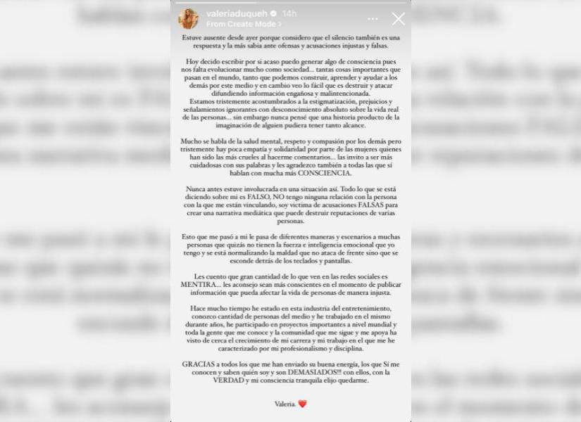 Captura de pantalla del comunicado de Valeria Duque hacia los detractores que la tacha como la culpable del fin de la relación entre Rauw Alejandro y Rosalía.
