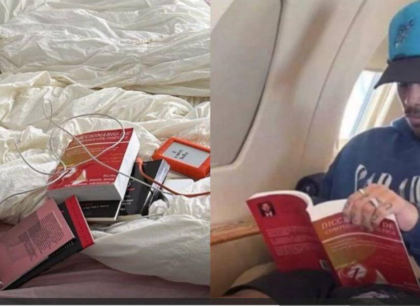 Captura de pantalla. A la derecha, la imagen publicada por Rauw Alejandro en la que aparece leyendo el mismo libro rojo que se encuentra en la fotografía publicada por Rosalía.