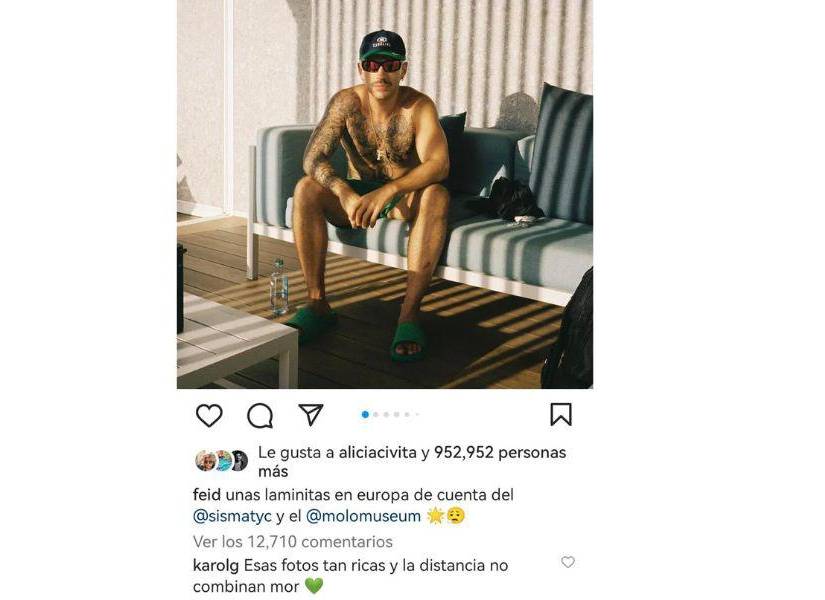 Captura de pantalla de la primera interacción en redes sociales que Karol G y Feid tienen como pareja amorosa. Los colombianos confirmaron su relación en una aparición en público.