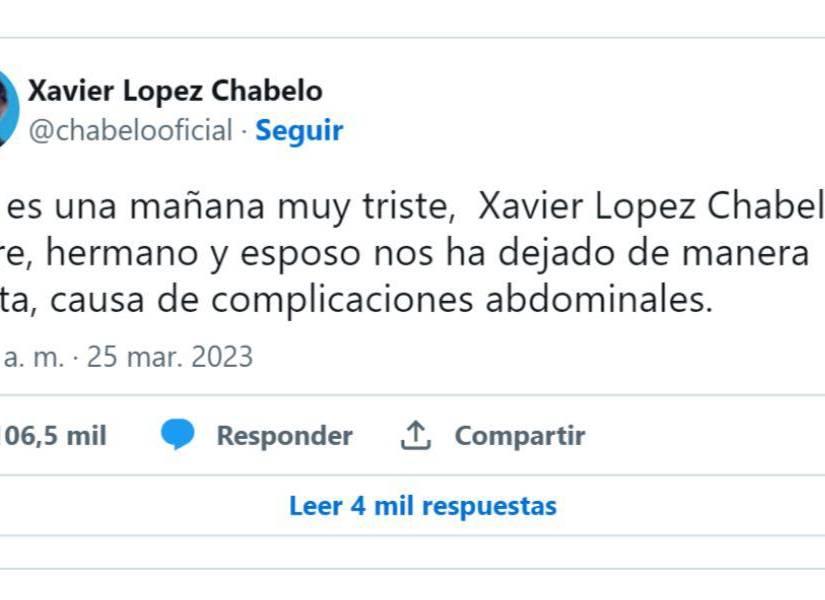 Comunicado oficial sobre la muerte de 'Chabelo' en su cuenta oficial de Twitter.