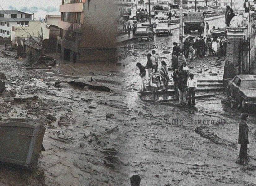 Foto tomada por el aluvión de 2022 y a la derecha, una fotografía del aluvión ocurrido en 1975.