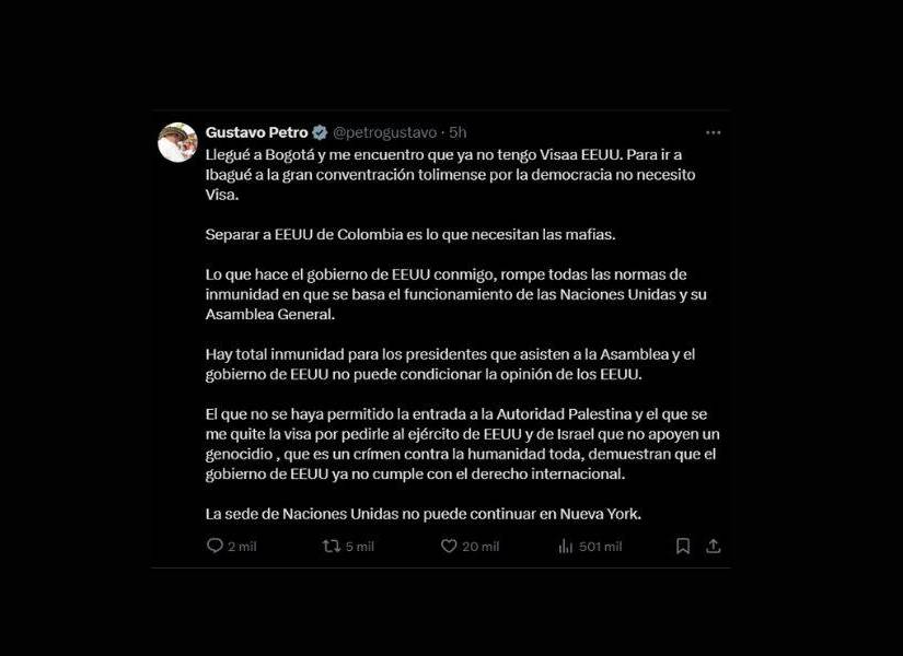 Publicación de Gustavo Petro en X.