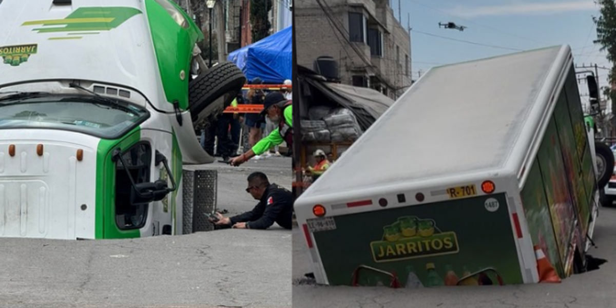 México: Un camión de refresqueros cae en un socavón en Iztapalapa