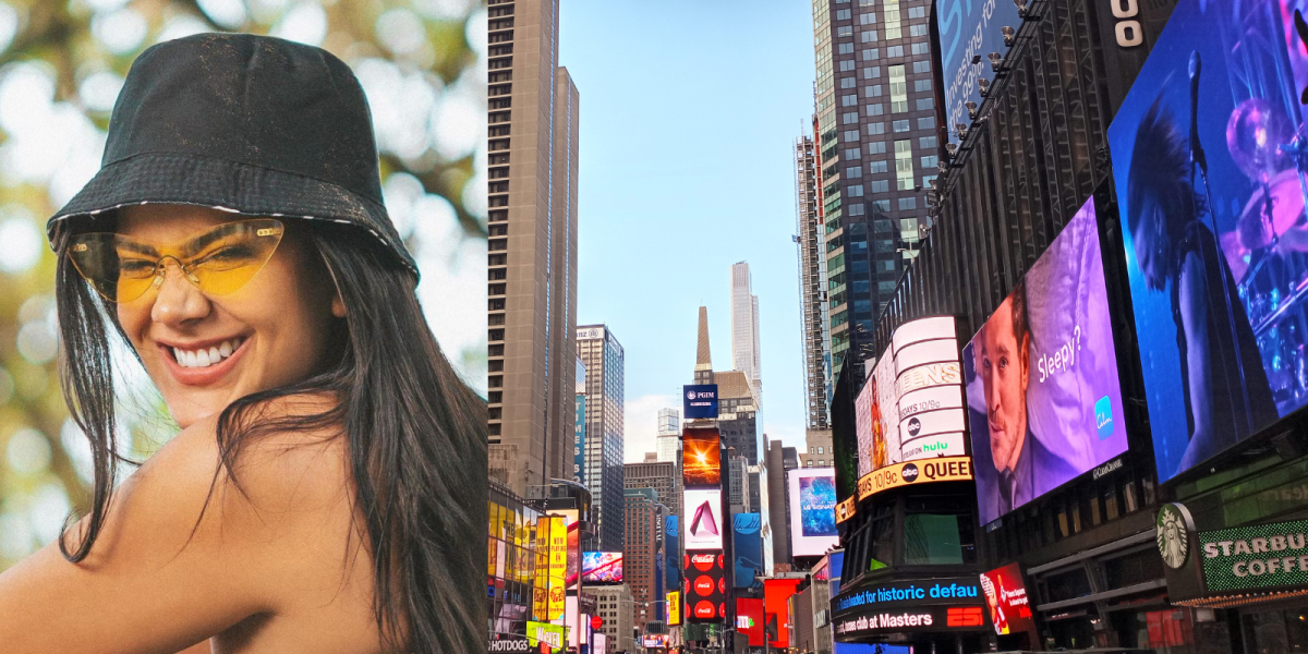 El momento en que Michela Pincay aparece en el Times Square