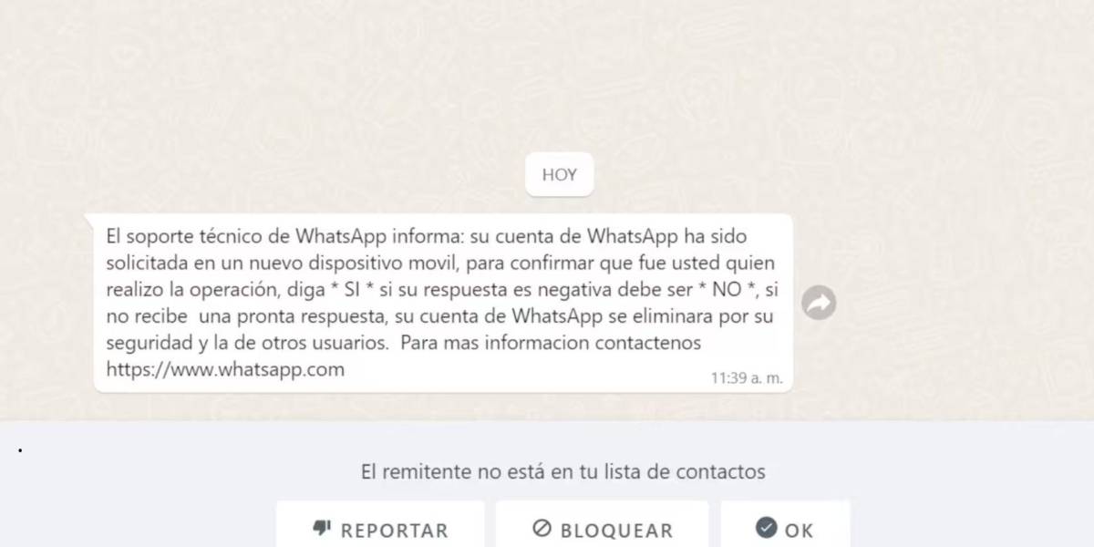 Este es el mensaje falso en WhatsApp con el que están robando cuentas y datos