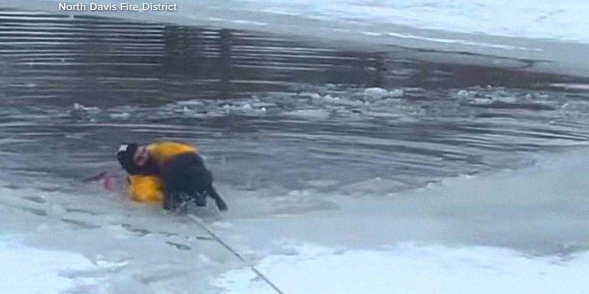 VIDEO: un heroico bombero salva a un perro atrapado en un estanque congelado en Utah, EE.UU.